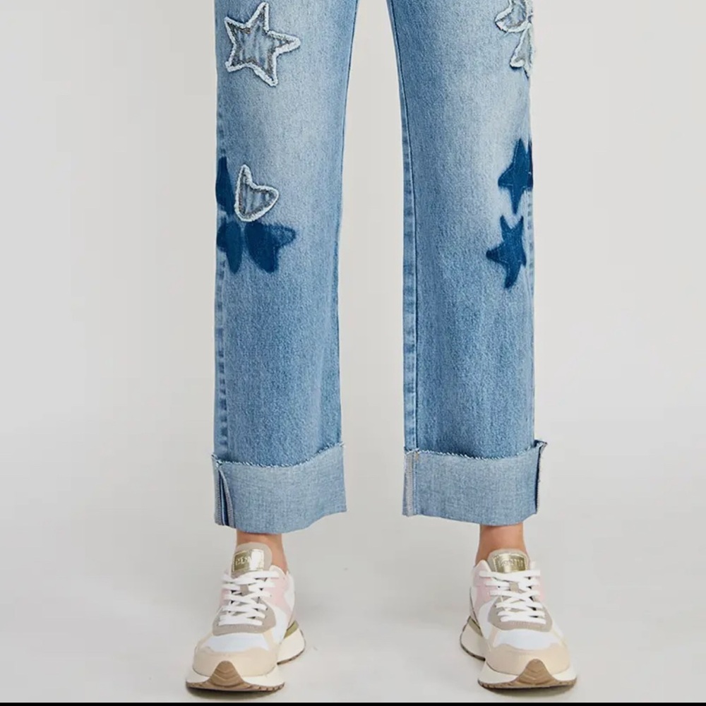 Starry Blue patched  Wide Leg  Dad Jeans-Plus Size - Picture 2 of 6